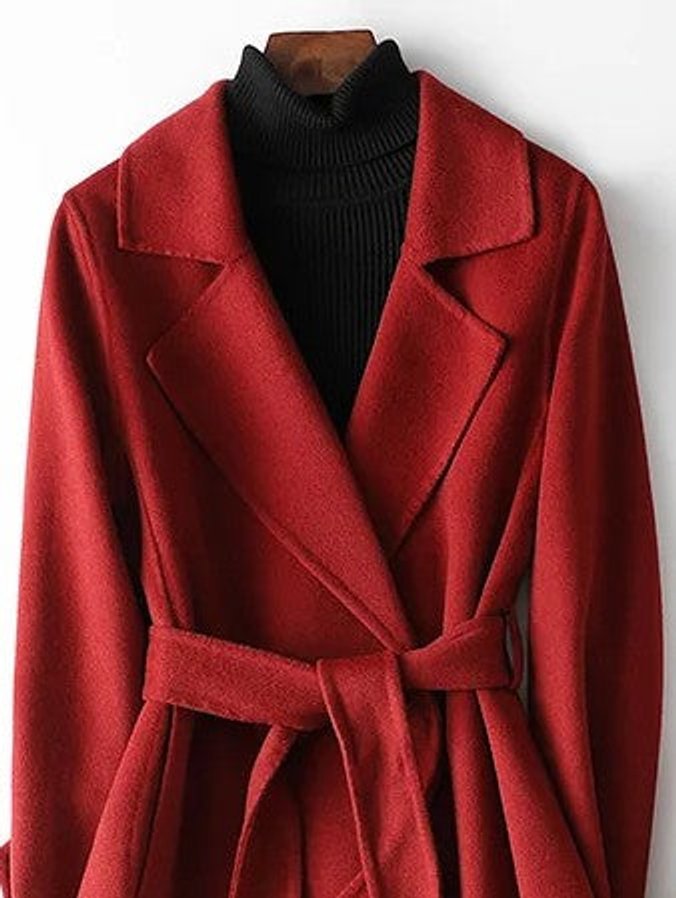 Burgundy Belted wrap a-line long winter coat for cold days, product photo