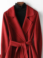 Burgundy Belted wrap a-line long winter coat for cold days, product photo