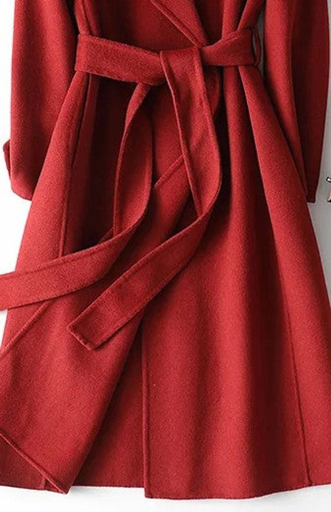 Product photo of the burgundy belted wrap a-line long winter coat for cold days