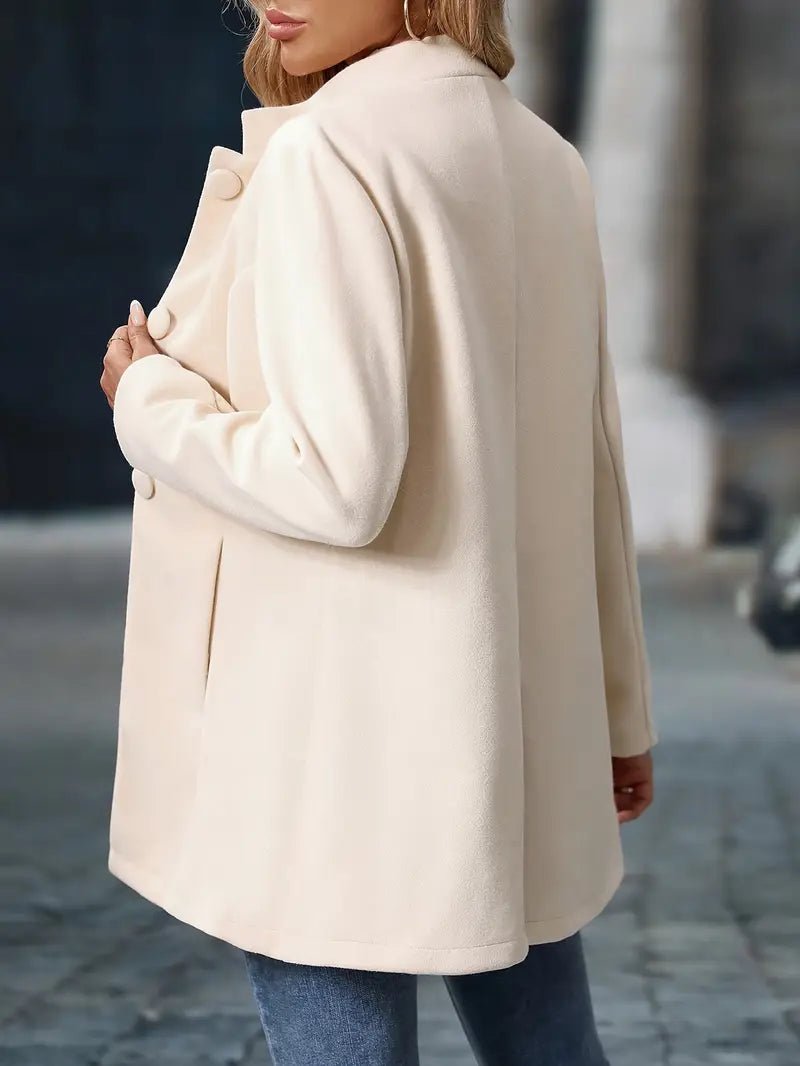 Cream Wool blend mid-length stand-collar coat, styled product photo