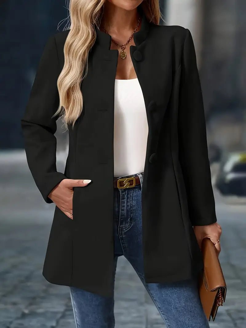 Black Wool blend mid-length stand-collar coat