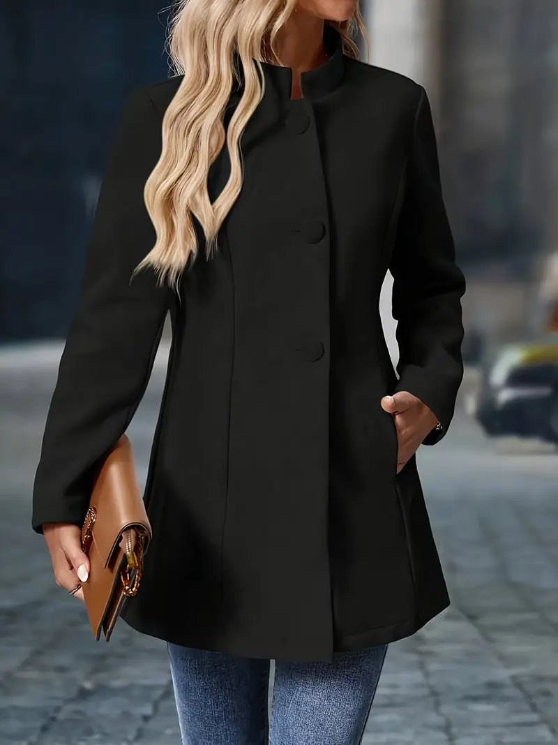 Product photo showing the cream wool blend mid-length stand-collar coat
