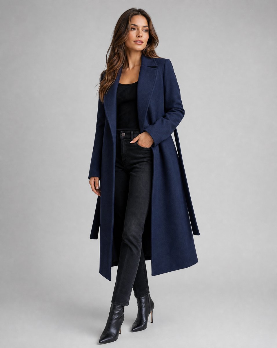 Navy Belted wool-blend long-line trench coat