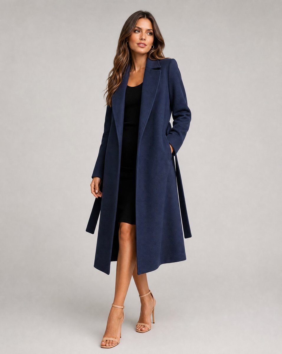 Navy Belted wool-blend long-line trench coat, product photo