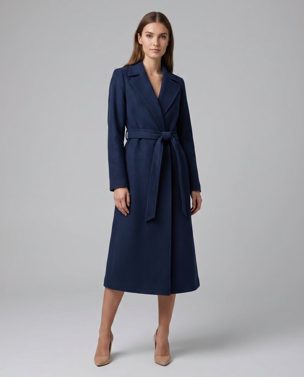Product photo of the navy belted wool-blend long-line trench coat