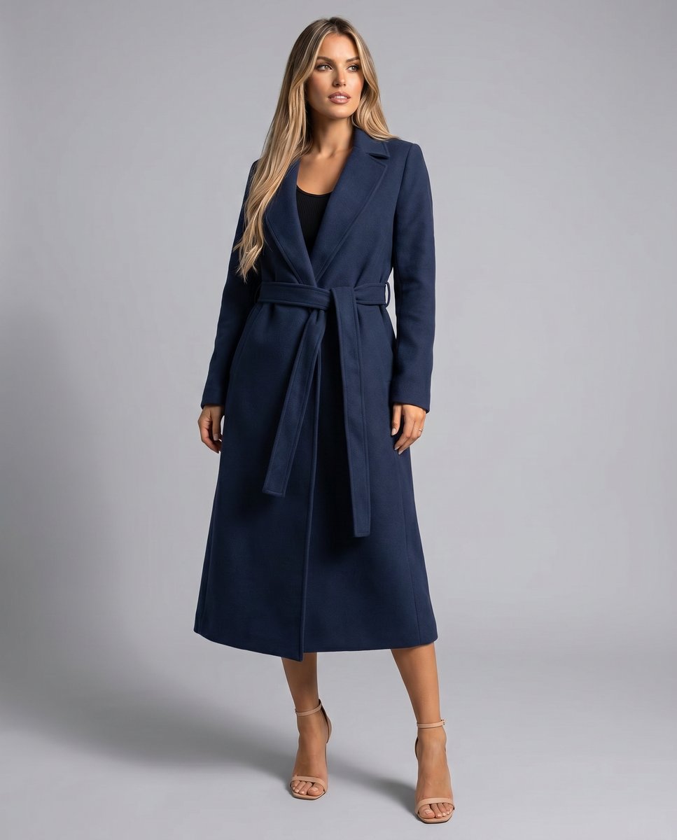 Navy Belted wool-blend long-line trench coat, styled product photo
