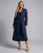 Navy Belted wool-blend long-line trench coat, styled product photo