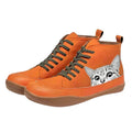 Women's orange cat print lace-up leather ankle boots