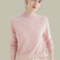 Pink merino wool jumper with mock neck, front view