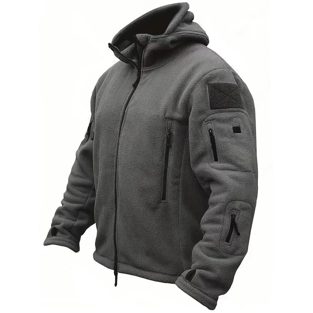 Grey tactical hooded fleece jacket with zip pockets, product shot