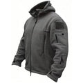 Grey tactical hooded fleece jacket with zip pockets, product shot