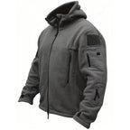 Grey tactical hooded fleece jacket with zip pockets, product shot