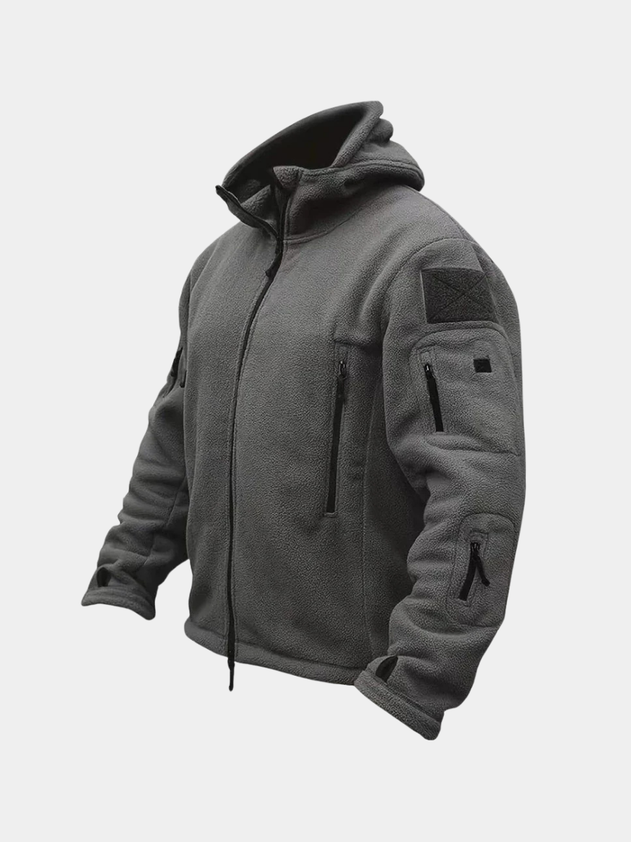 Grey tactical hooded fleece jacket with zip pockets, three-quarter view