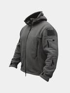 Grey tactical hooded fleece jacket with zip pockets, three-quarter view