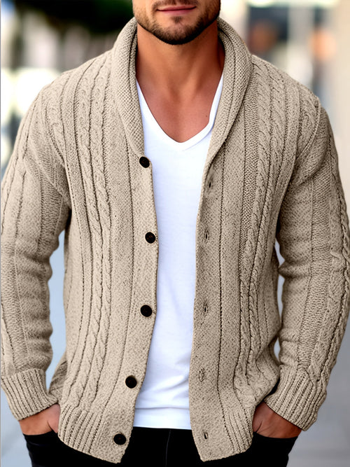 men's beige textured knit loose fit cardigan for everyday layering