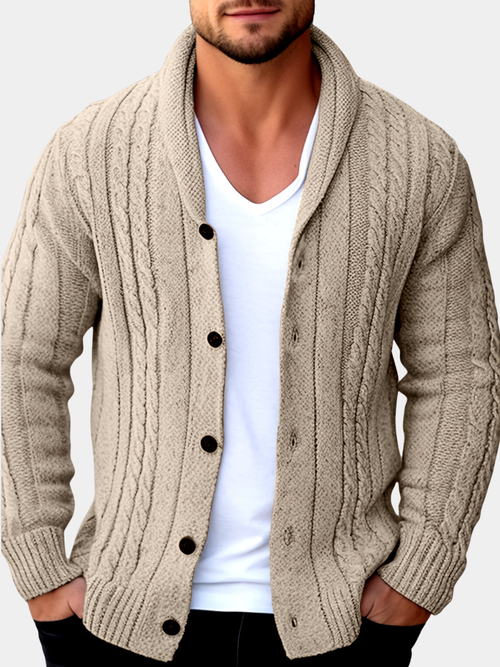 men's beige textured knit loose fit cardigan for everyday layering