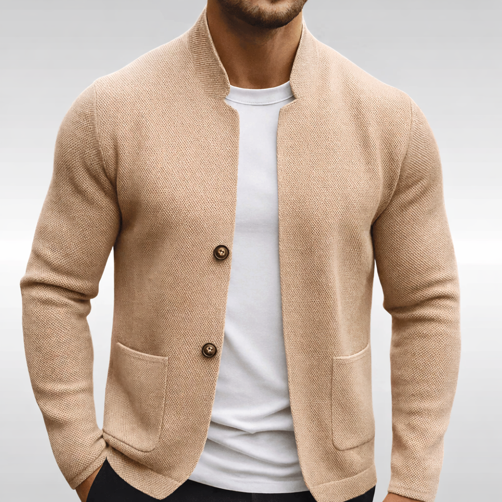 men's beige textured knitted blazer with a mandarin collar