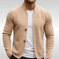 men's beige textured knitted blazer with a mandarin collar