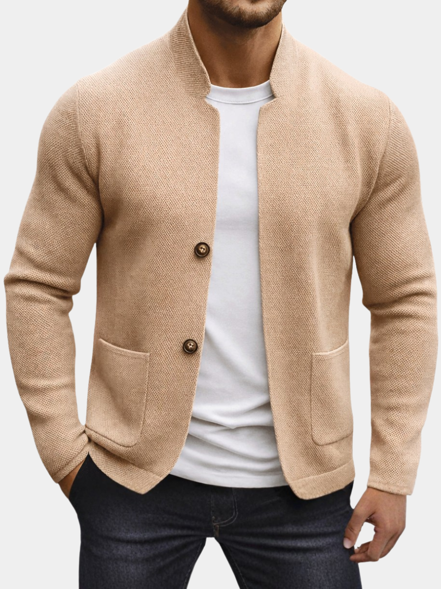 men's beige textured knitted blazer with a mandarin collar