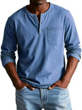 men's blue long sleeve cotton blend henley shirt with a washed finish
