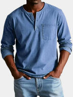 men's blue long sleeve cotton blend henley shirt with a washed finish