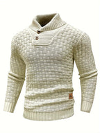 Men's shawl collar knitted jumper in beige with a button placket