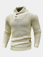 Men's shawl collar knitted jumper in beige, front view showing the button placket
