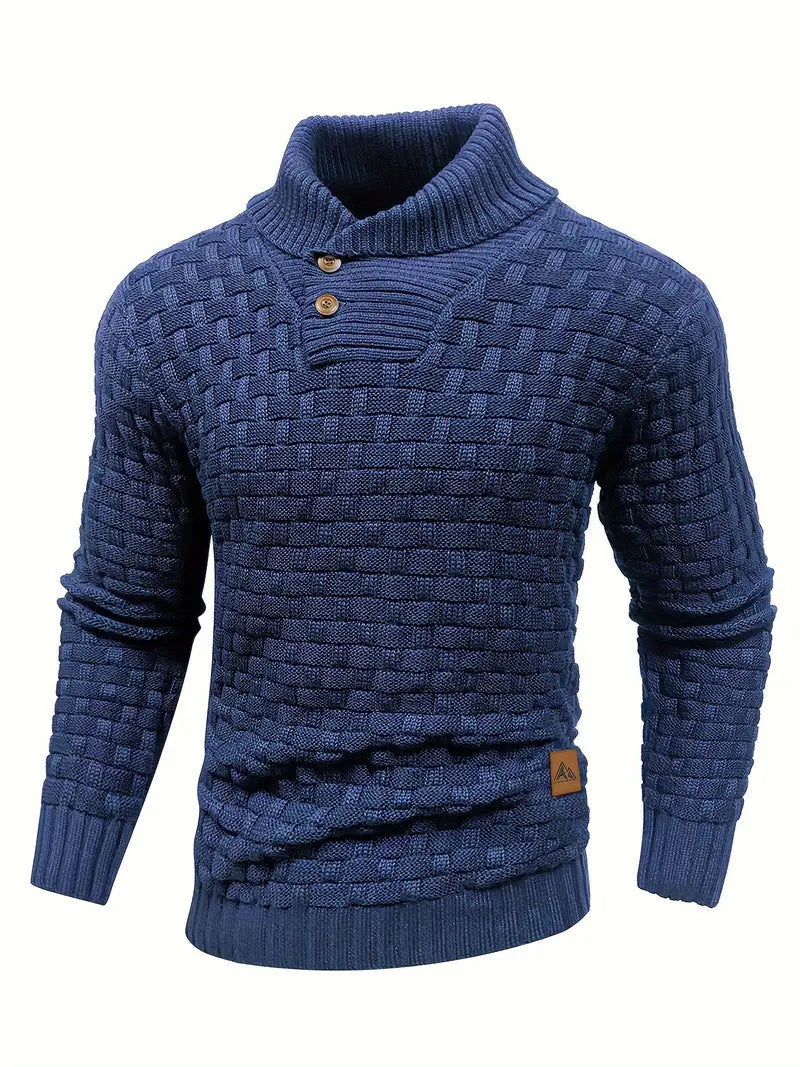 Men's shawl collar knitted jumper in navy blue with a button placket