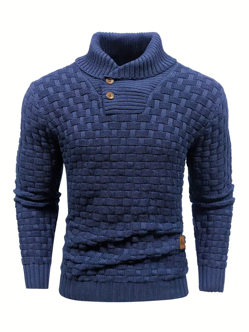 Men's shawl collar knitted jumper in blue with a button placket