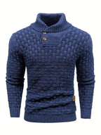 Men's shawl collar knitted jumper in blue with a button placket