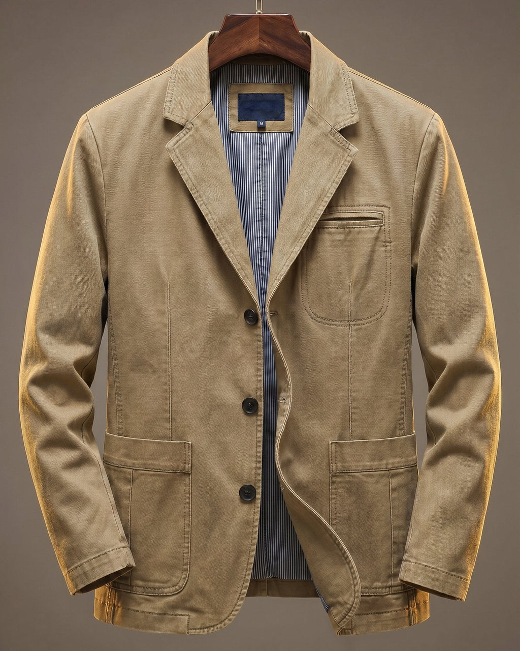 Men's tailored denim blazer in khaki with a button-front, chest-pocket cut