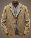 Men's tailored denim blazer in khaki with a button-front, chest-pocket cut