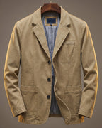 Men's tailored denim blazer in khaki with a button-front, chest-pocket cut