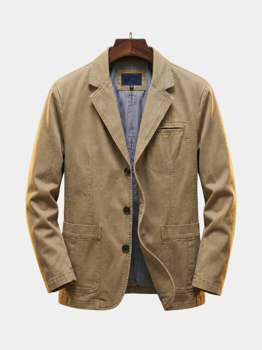 Men's tailored denim blazer in khaki with a button-front, chest-pocket cut