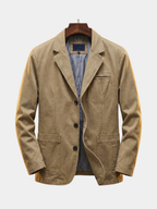 Men's tailored denim blazer in khaki with a button-front, chest-pocket cut
