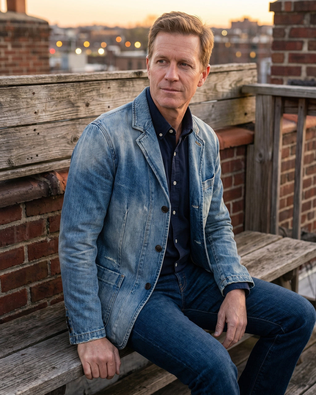 Men's tailored denim blazer in light blue wash, styled with a navy shirt