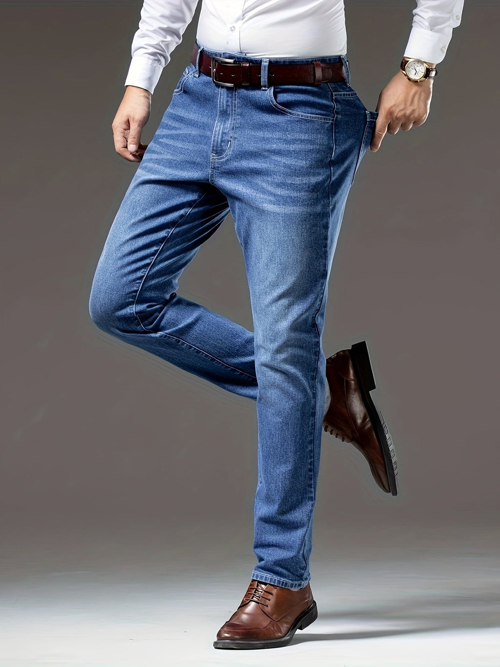 Blue regular-fit straight-leg jeans in washed stretch denim