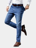 Blue regular-fit straight-leg jeans, shown in a full-length side view