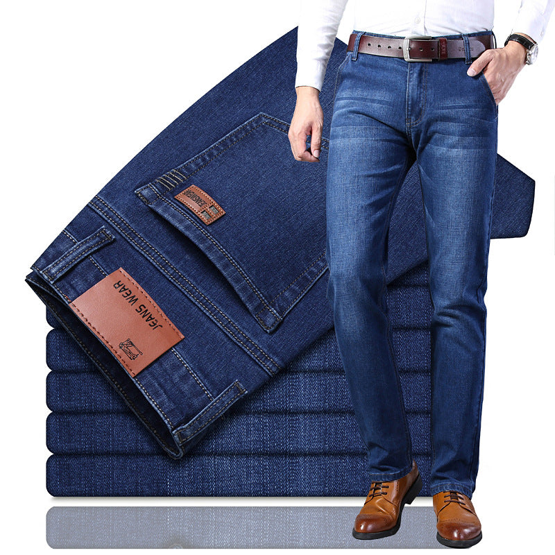 Blue regular-fit straight-leg jeans in washed stretch denim, folded stack