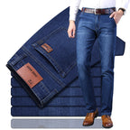 Blue regular-fit straight-leg jeans in washed stretch denim, folded stack