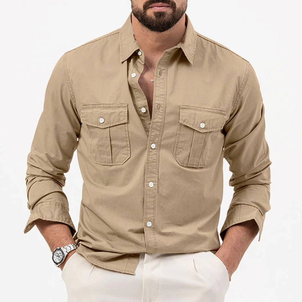 men's khaki non-iron cotton blend button-up shirt with a crease-resistant finish