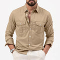 men's khaki non-iron cotton blend button-up shirt with a crease-resistant finish