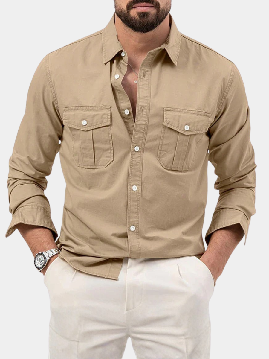 men's khaki non-iron cotton blend button-up shirt with a crease-resistant finish