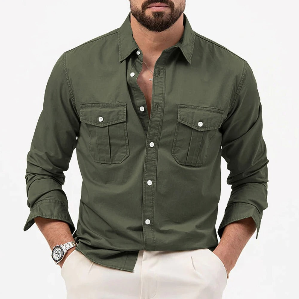 men's khaki non-iron cotton blend button-up shirt with a crease-resistant finish