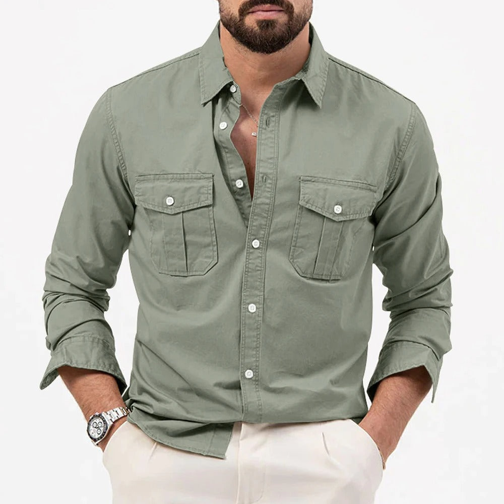 men's khaki non-iron cotton blend button-up shirt with a crease-resistant finish