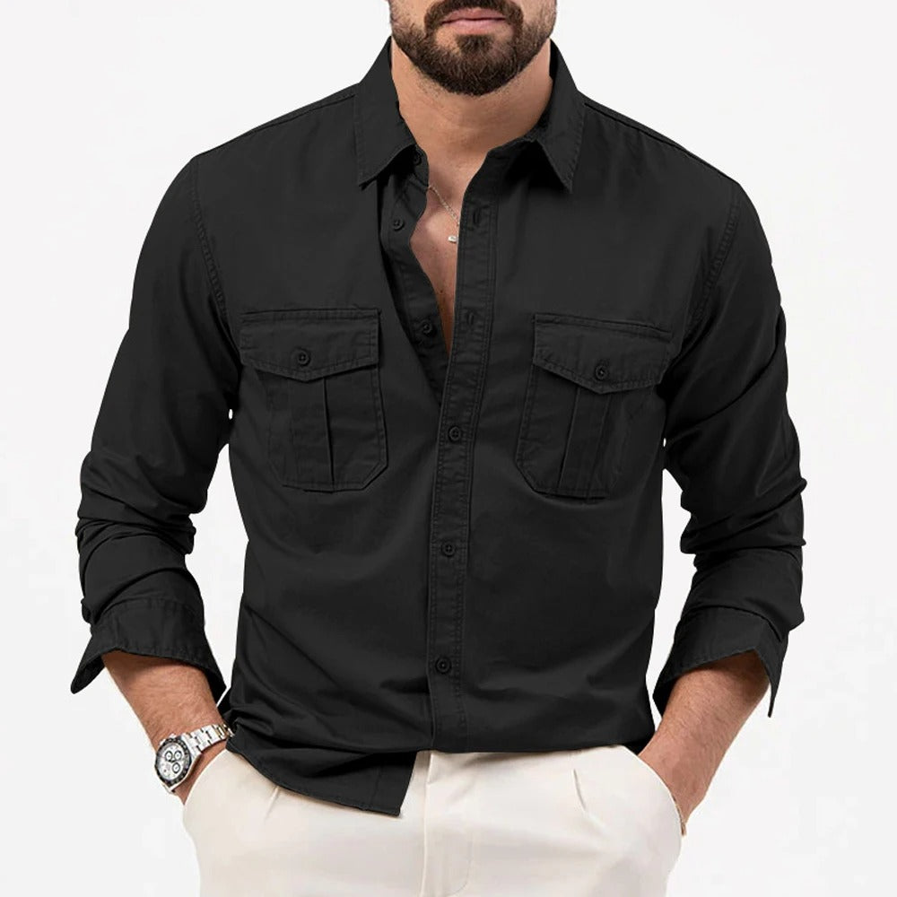 men's khaki non-iron cotton blend button-up shirt with a crease-resistant finish