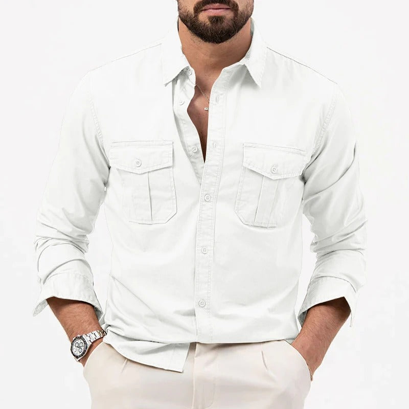 men's khaki non-iron cotton blend button-up shirt with a crease-resistant finish