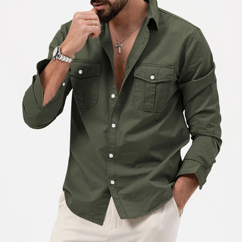 men's army green non-iron cotton blend button-up shirt with a crease-resistant finish