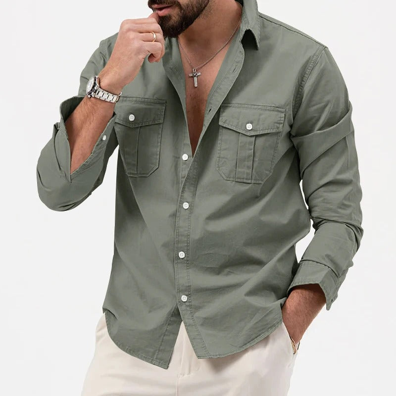 men's army green non-iron cotton blend button-up shirt with a crease-resistant finish