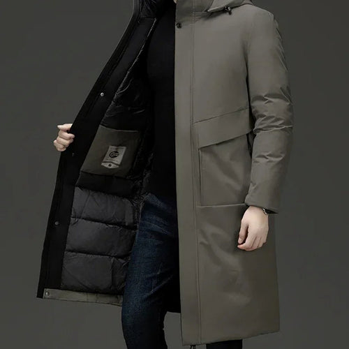 Grey insulated hooded coat, open view showing quilted lining